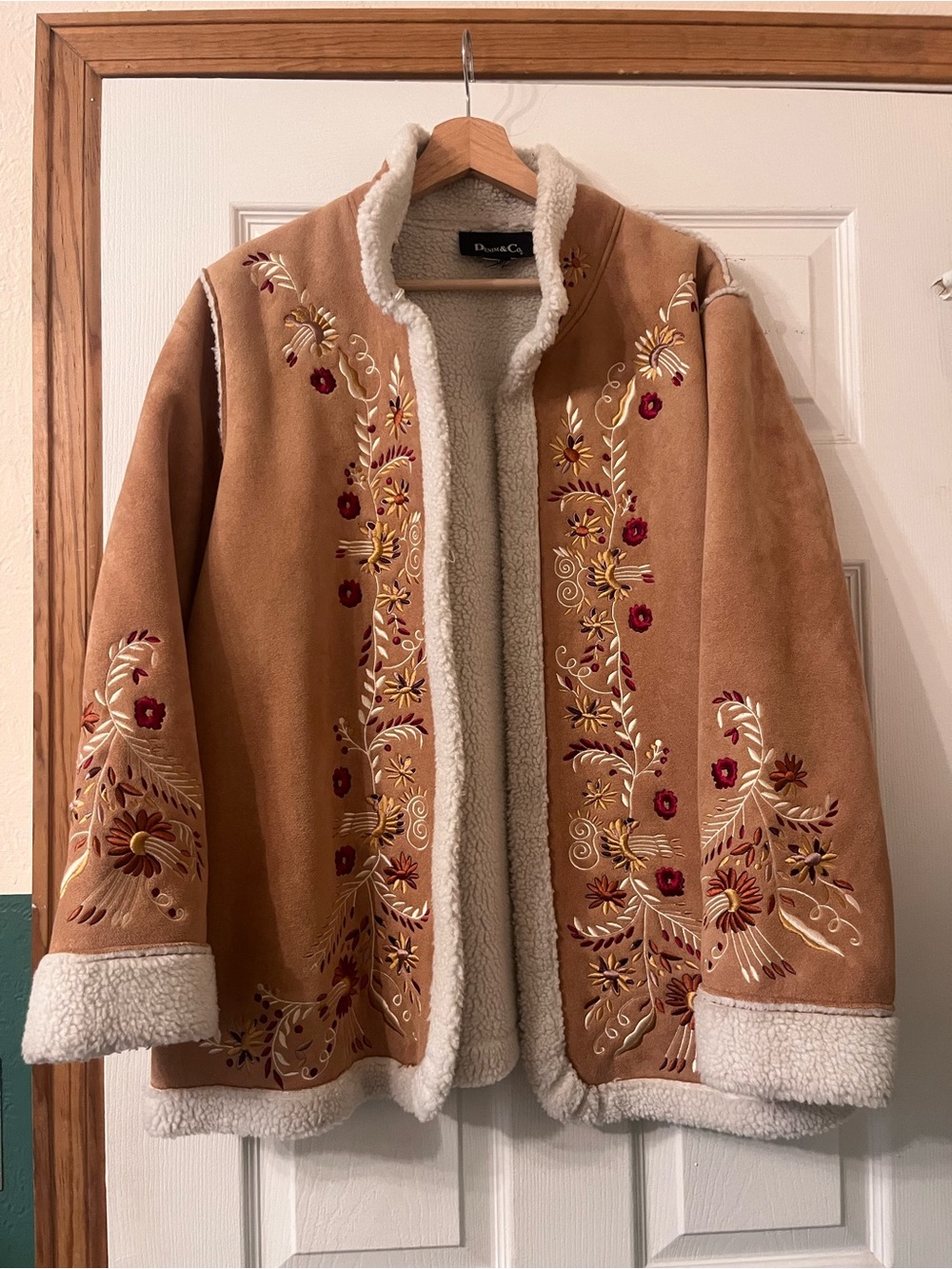 Denim&Co Tan Embroidered Faux-Shearling Trim Jacket - Picture 3 of 8